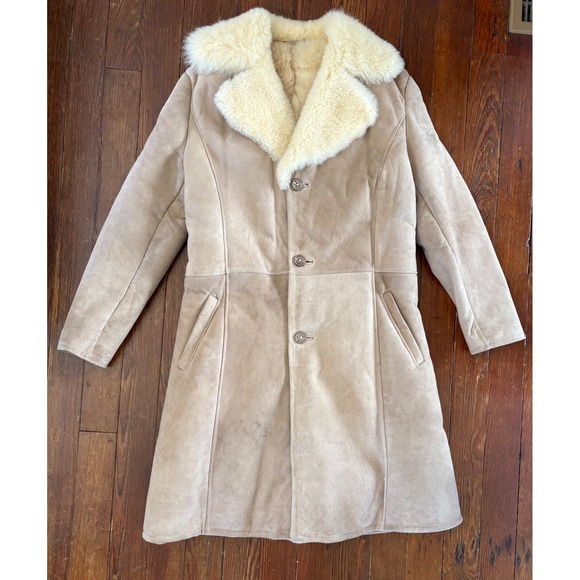 Vintage 70s Shearling Sheepskin Long Suede Tan Coat Women's Size Medium / Large - Picture 1 of 6